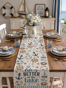 1pc Anchor Sailboat Rudder Pattern Table Runner, Ocean Style, Summer Home Kitchen Decor Table Runner, Table Runner Placemat Pillow Set, Suitable For Summer Home Kitchen Decor And Party Decoration - Multicolor - View 1
