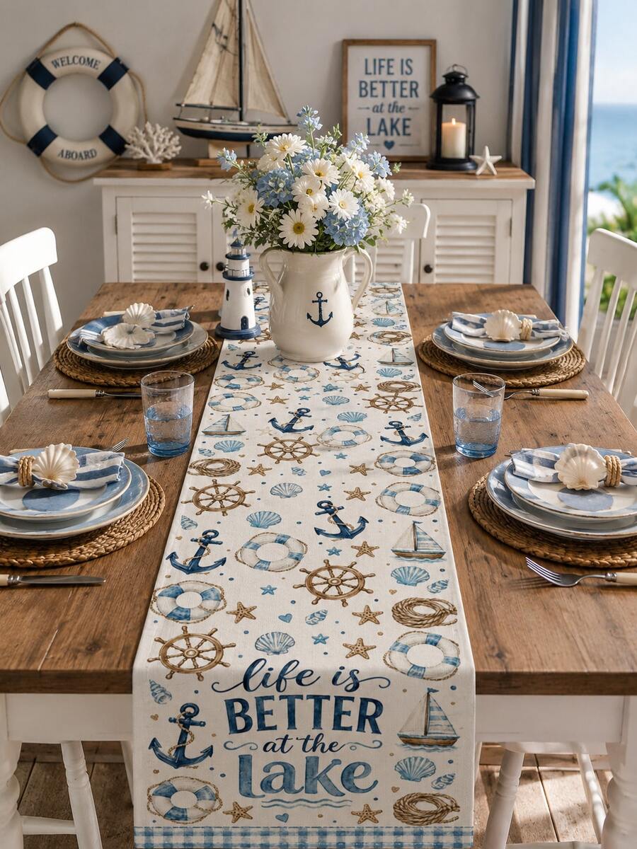 1pc Anchor Sailboat Rudder Pattern Table Runner, Ocean Style, Summer Home Kitchen Decor Table Runner, Table Runner Placemat Pillow Set, Suitable For Summer Home Kitchen Decor And Party Decoration - Multicolor - View 1