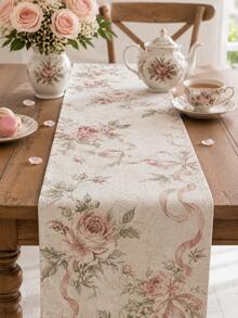 1pc Pink Rose Vintage Table Runner, French Country Floral & Bow Linen Tablecloth, Vintage Floral Dining Tablecloth, Suitable For Dining Room, Kitchen, Coffee Table, Tea Party - Multicolor - View 6