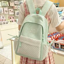 Mochila de patchwork a cuadros & lunares, mochila escolar de cordón estilo femenino para estudiantes, mochila ligera estilo academia japonesa - Multicolor - Ver 9