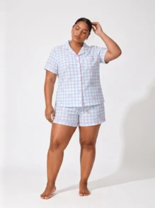 Plus Size Women's Blue & White Plaid Bow Print Short Sleeve Collared Top With Pocket And Bow Shorts Pajamas Loungewear Set - Blue and White - View 6