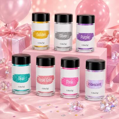 7 Colors Edible Glitter Coarse Glitter Powder Set, 5g/Bottle Vegan Multi-Purpose Surface Luster Powder, Suitable For Cake, Cupcake, Beverage Decoration, Party DIY Craft Decoration Accessories