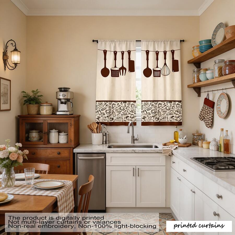 2 Stücke Vorhänge mit Kochutensilien-Muster in Creme & Kaffeebraun, minimalistische Küchendekoration mit Flachdruck, ohne Futter, ohne Kordeln - Verschiedenfarbig - Übersicht 1