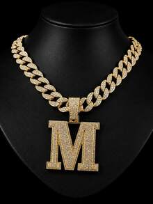 Rhinestone Large Letter M Pendant Cuban Chain, Men's Hip Hop Shiny Diamond Necklace Jewelry - M Pendant Necklace - View 13