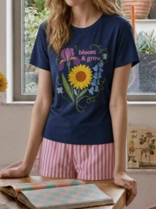 Women's Blue Sunflower Print Short Sleeve T-Shirt And Striped Shorts Pajama Set - Blue - View 4