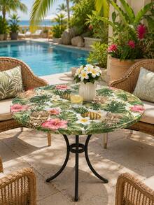 1 Stück wasserdichte elastische runde Tischdecke mit hawaiianischem Tiki-Masken- & Palmenmuster - tropische Luau-Tischdecke für Terrasse, Heimdekoration, Raumdekoration, Garten, Hochzeit, Poolparty & Sommergrillen - A - Übersicht 3