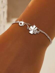 1pc S925 Sterling Silver Romantic Lucky Four-Leaf Clover Double Layer Bracelet, Minimalist Classic Design, Fresh Gentle Elegant High-End Versatile Women's Jewelry, Suitable For Daily Wear Exquisite Fashion Accessory, Perfect Gift - Four-leaf Clover - View 6