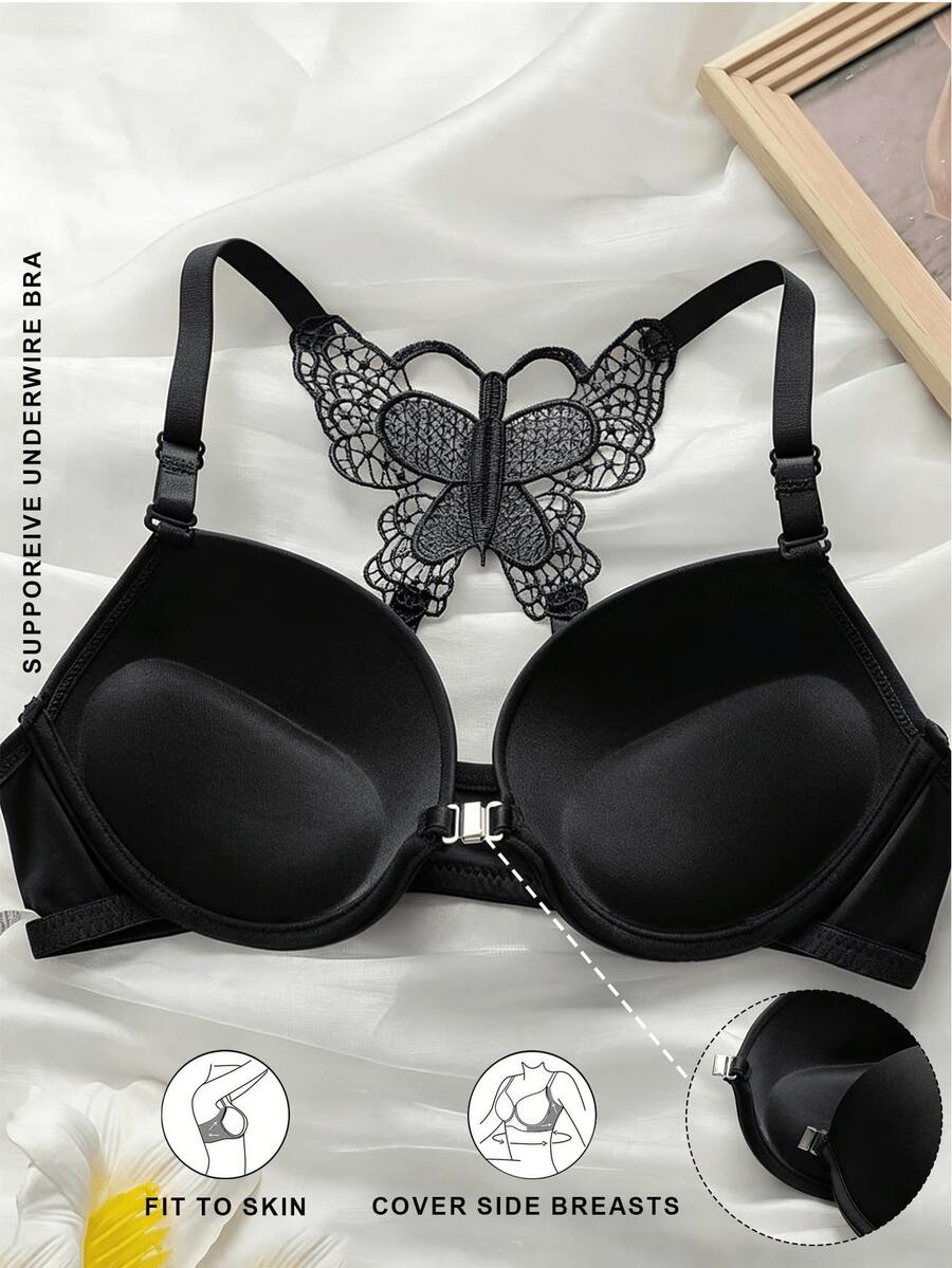 Bra Push Up Seksi Wanita dengan Hiasan Pita Renda di Belakang - Penutup Depan, Pakaian Dalam Berbantalan Memberikan Daya Angkat dan Dukungan - Hitam - View 1