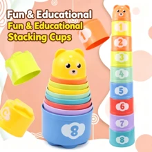 9 Thick Stacking Cups, Printed With Numbers, Letters, Bears And Dinosaurs, Random Colors. Helps Children Learn Classification And Improve Coordination Skills. Suitable For Bath, Beach, Party And Birthday Gifts, Combining Education And Fun. - Multicolor - View 2
