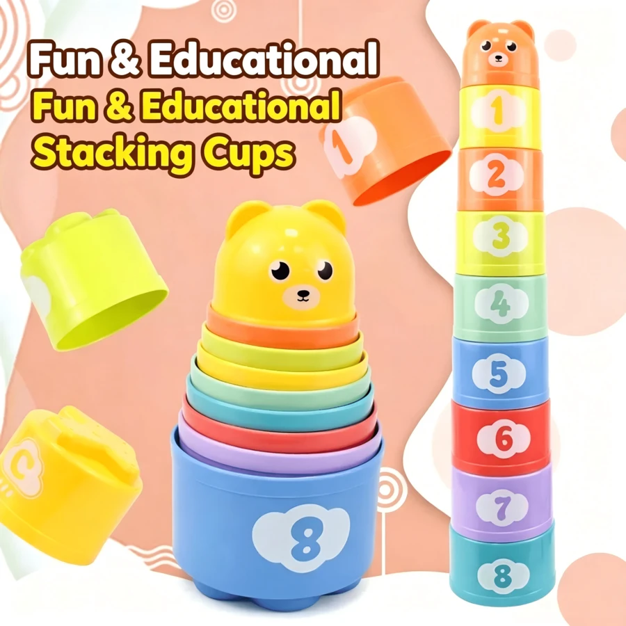9 Thick Stacking Cups, Printed With Numbers, Letters, Bears And Dinosaurs, Random Colors. Helps Children Learn Classification And Improve Coordination Skills. Suitable For Bath, Beach, Party And Birthday Gifts, Combining Education And Fun.