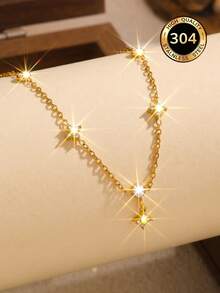 1pc 304 Stainless Steel 18K Gold Plated Four-Pointed Star Rhinestone Y-Shaped Necklace For Women, Luxury Sparkling Dangle Collarbone Chain, Versatile Exquisite Necklace For Daily Wear, Dating And Gift Giving - Yellow Gold - View 2