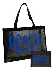 網格托特包套組，彩色「Please Beach」字樣與海星設計，網格化妝包，海灘手提包，休閒度假包，可折疊大容量游泳包，夏季必備，適合學校、度假、開學使用，送給朋友和老師的理想禮物 - 彩色 - 查看 14