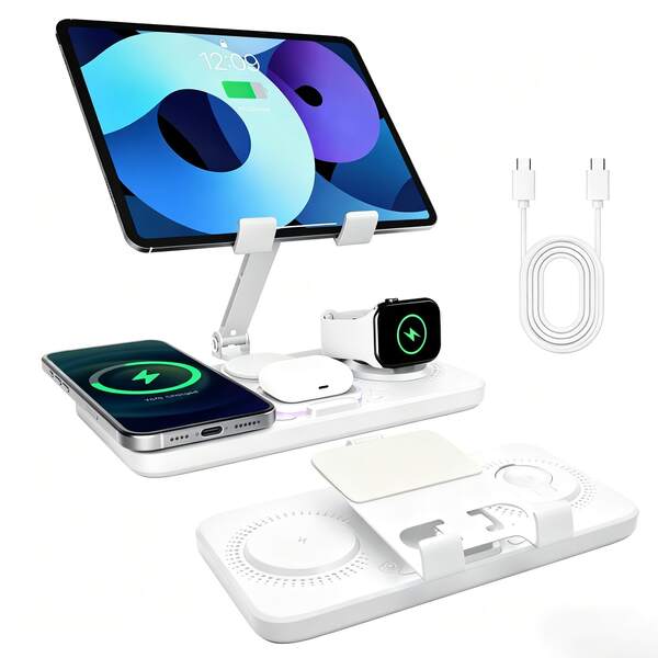 Cargador Inalámbrico Multidispositivo 6-En-1 Estación de Carga con Reloj LED y Luz Ambiental, Compatible con Teléfono 17/16/15, Tableta, Reloj Inteligente 11/10, Auriculares, Soporte para Mesita de Noche