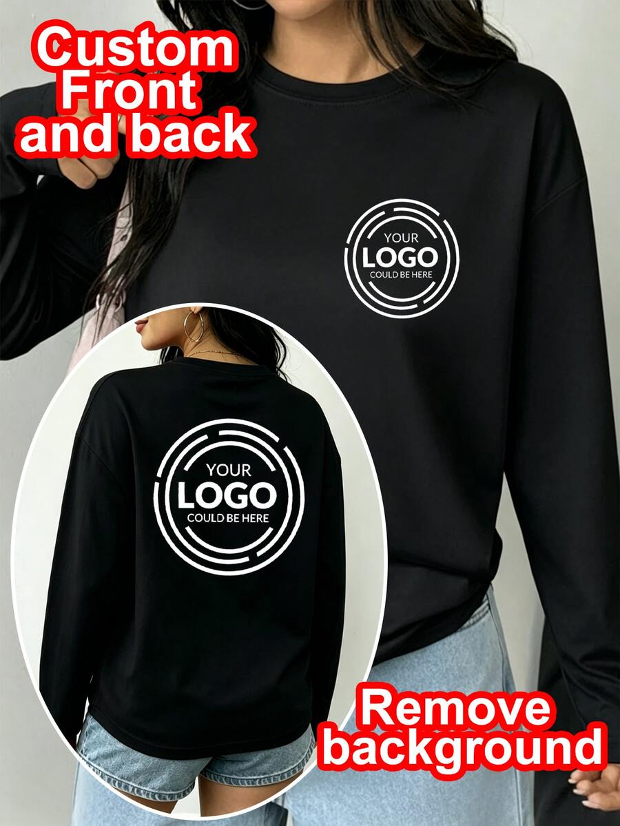 Personalized Custom Women's Long Sleeve T-Shirt - Christmas, Halloween, Thanksgiving Custom Gift, Women's Shirt. Can Add Text, Logo And Photo For Personalized Printing, Add Your Own Text/Image (Badge Pattern/Company Logo/Family Photo/Selfie) Black - Black - View 1
