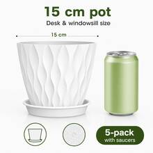 5er Set 15 cm Weiße Kunststoff Blumentöpfe mit Untersetzern und Abflusslöchern, 3D Wellenstruktur Übertöpfe für Sukkulenten, Kräuter, Efeutute, Fensterbank, Balkon, Büro und klare Home Garden Deko - 5 Stück, 10 cm Durchmesser - Übersicht 3