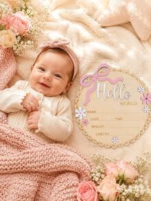 1pc "Hello World" Wooden Baby Birth Announcement Plaque, Pink Floral Newborn Name Date Time Weight Length Board, Baby Girl Nursery Decor Photo Prop, Welcoming Party Decoration & Keepsake - Pink - View 4
