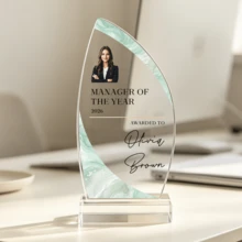 1pc Customized Photo & Text Acrylic Sail-Shaped Trophy, Personalized Engraved Marble Pattern Design Trophy, Suitable For Graduation, Sports And Retirement, Thoughtful Commemorative Gift - Multicolor - View 20