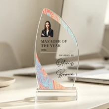 1pc Customized Photo & Text Acrylic Sail-Shaped Trophy, Personalized Engraved Marble Pattern Design Trophy, Suitable For Graduation, Sports And Retirement, Thoughtful Commemorative Gift - Multicolor - View 14
