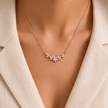 1pc Cubic Zirconia Flower Leaf Heart Snake Pendant Necklace, Gold Jewelry, Bridesmaid Gift, Gift For Her - Rose Gold - View 4