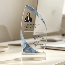 1pc Customized Photo & Text Acrylic Sail-Shaped Trophy, Personalized Engraved Marble Pattern Design Trophy, Suitable For Graduation, Sports And Retirement, Thoughtful Commemorative Gift - Multicolor - View 19