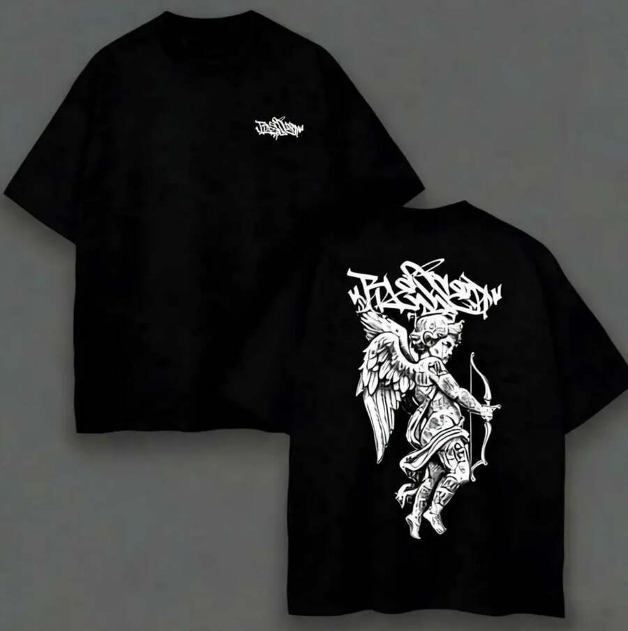 100% Pure Cotton Unisex T-Shirt With Back Print, Angel Blessed, Soft Fabric, Crew Neck, Short Sleeves, Regular Fit, Ideal For All Occasions, Premium Quality - Black - View 1