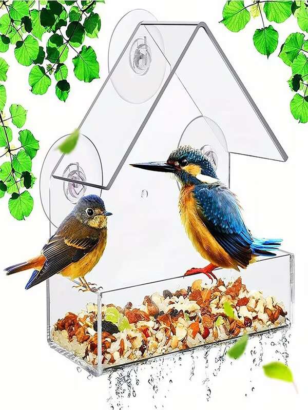 Window Mount Acrylic Bird Feeder With Suction Cups, Anti-Spill Detachable Seed Food Bowl, Clear Hanging Feeding Container For Parrot Macaw Budgie Cockatiel