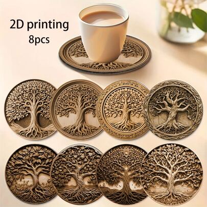 8 miếng lót ly gỗ họa tiết Cây Đời, phong cách Bohemian cổ điển, chịu nhiệt, chống trượt, thiết kế đa màu sắc, phù hợp cho đồ uống, trà, cà phê, trang trí nhà hàng, quà tặng lễ lý tưởng