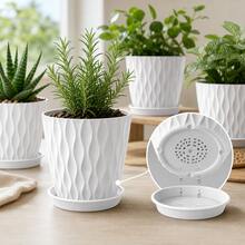 5er Set 15 cm Weiße Kunststoff Blumentöpfe mit Untersetzern und Abflusslöchern, 3D Wellenstruktur Übertöpfe für Sukkulenten, Kräuter, Efeutute, Fensterbank, Balkon, Büro und klare Home Garden Deko - 5 Stück, 10 cm Durchmesser - Übersicht 5
