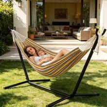 Camping 2-Person Hammock 600LBS, Portable Steel Stand Set For Outdoor Lawn Terrace, Brown Stripe - Brown - View 2