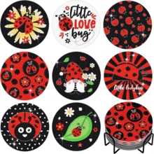 7-Star Ladybug 8pcs DIY Diamond Painting Coaster Set, Round High-Gloss Rhinestone Surface, Firm Adhesion With Complete Tool Kit, Easy For Beginners, Stress-Relieving Craft, New Year Spring Festival Valentine's Day Christmas Teacher's Day Holiday Gift, Heat-Insulating Decorative Coasters For Dining Table And Coffee Table, Gift For Family, Friends, Besties, Teachers - Multicolor - View 8