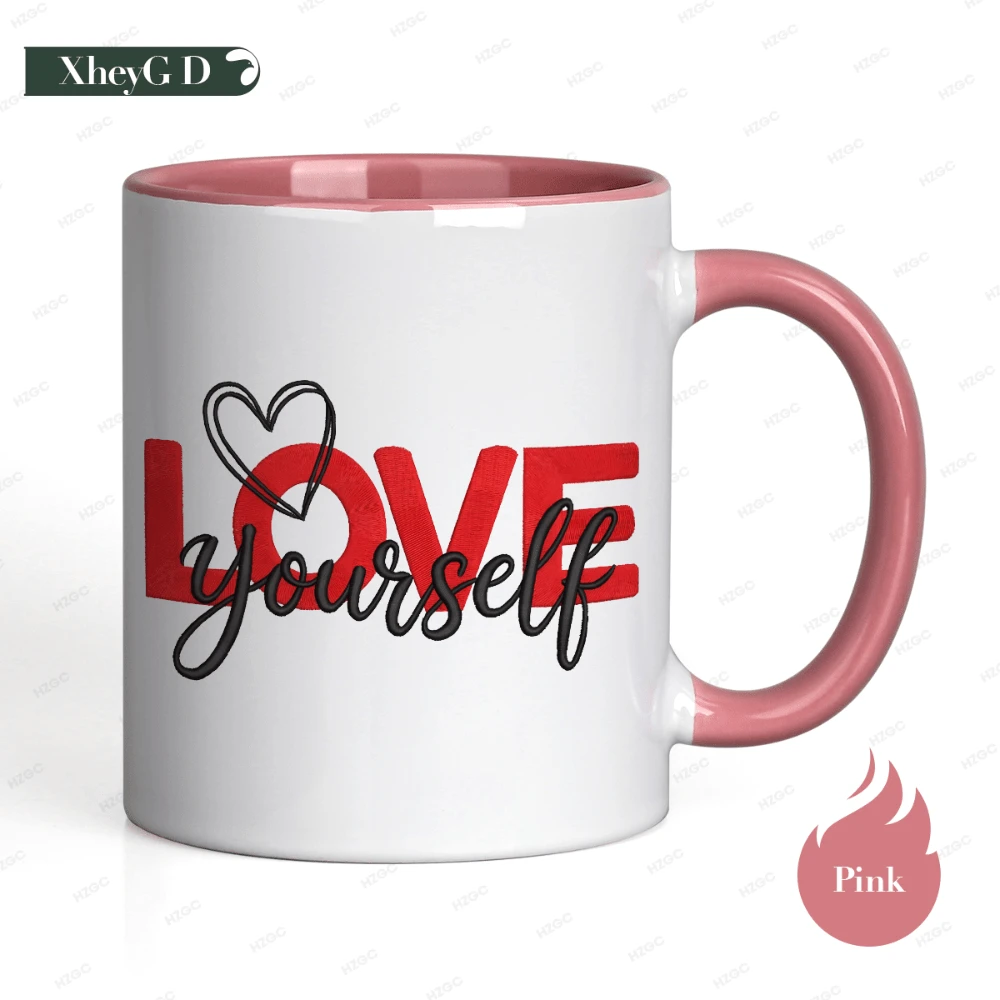 Taza de café de cerámica con diseño de corazón "Ámate a ti mismo" estética minimalista ideal para el hogar y la oficina un regalo de cumpleaños asequible y apto para lavavajillas. - Rosa - Ver 1
