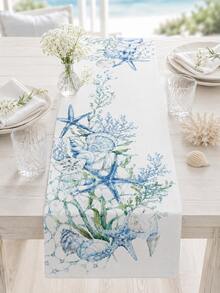 1 Stück Meeres-Thema Aquarell Tischläufer, Meereslebewesen Seestern Muschel Tischdecke Abdeckung, Nautisches Blau Esstischdecke, geeignet für Esszimmer, Küche, Couchtisch, Heimdekoration - Verschiedenfarbig - Übersicht 4
