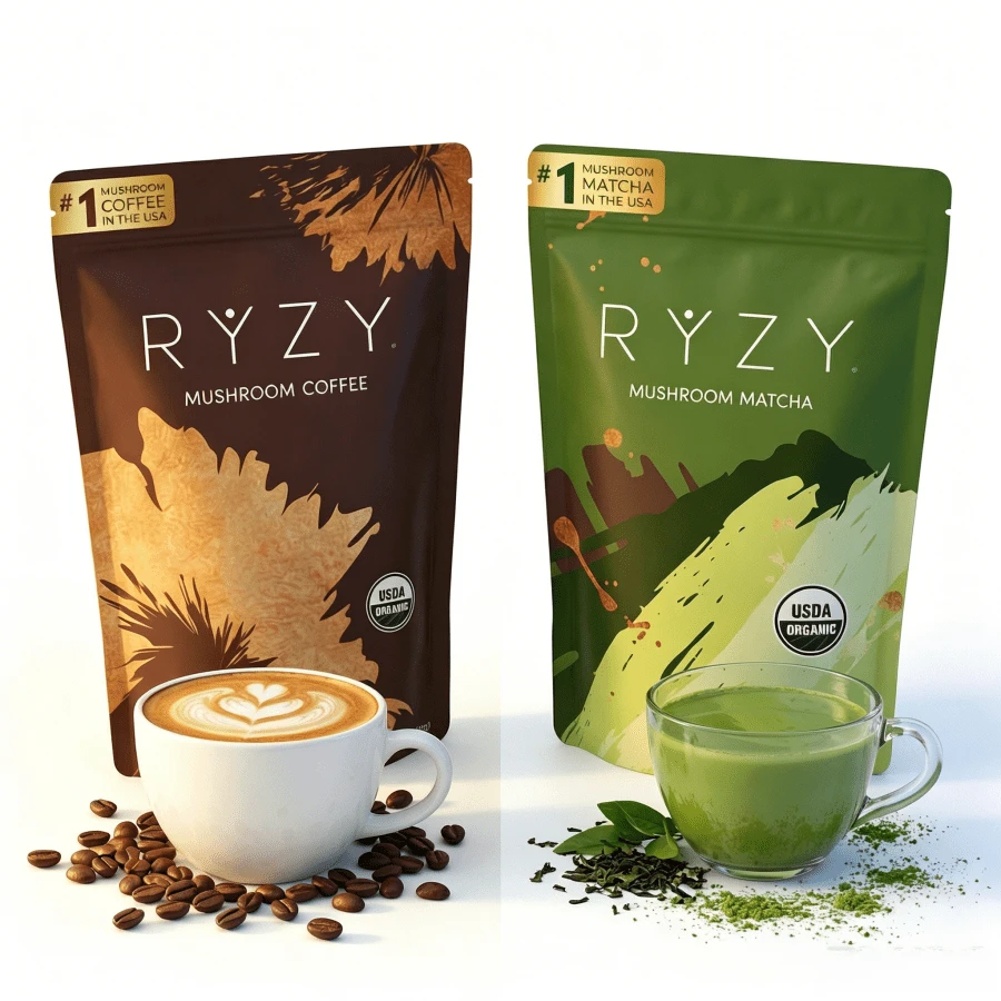 RY-ZY   Organic Matcha + Mushroom Coffee – Superblend For Focus, Immunity & Mental Clarity (60 Servings) - Mushroom Matcha Combo - View 1