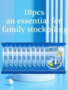 JAYSUING 10pcs/260G Drain Clog Remover Powder, Designed For Kitchen Sink, Sewer, Toilet And Other Pipe Blockage Problems, Quickly Dissolves Grease, Hair And Other Clogs, Removes Pipe Odor, Combines Unclogging, Maintenance And Deodorizing Functions, Restores Pipe Flow, Say Goodbye To Clog Troubles, Suitable For Kitchen Sink, Washbasin, Floor Drain, Toilet And Other Pipes - Powdery - View 10