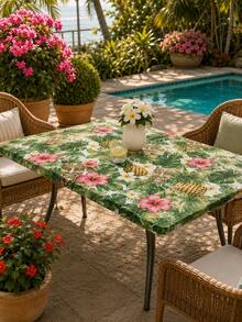 1 Stück wasserdichte elastische runde Tischdecke mit hawaiianischem Tiki-Masken- & Palmenmuster - tropische Luau-Tischdecke für Terrasse, Heimdekoration, Raumdekoration, Garten, Hochzeit, Poolparty & Sommergrillen - A - Übersicht 7