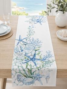 1 Stück Meeres-Thema Aquarell Tischläufer, Meereslebewesen Seestern Muschel Tischdecke Abdeckung, Nautisches Blau Esstischdecke, geeignet für Esszimmer, Küche, Couchtisch, Heimdekoration - Verschiedenfarbig - Übersicht 8