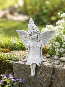 Resin Sitting Fairy Statue With Floral Hair Ornament And Wings, Weather-Resistant Fairy Sculpture For Outdoor Garden, Yard, Patio, Balcony Decoration, Suitable For Backyard And Home Use - Flower Winged Fairy - View 3