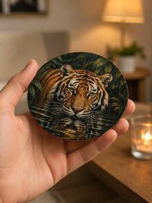1組6入野生動物圓形木製杯墊 10cm 逼真插畫印花（獅子/豹/虎/雪豹）耐熱隔熱墊 家用桌面裝飾 適用於廚房咖啡杯茶杯 叢林自然風 派對禮品布置 - 彩色 - 查看 10