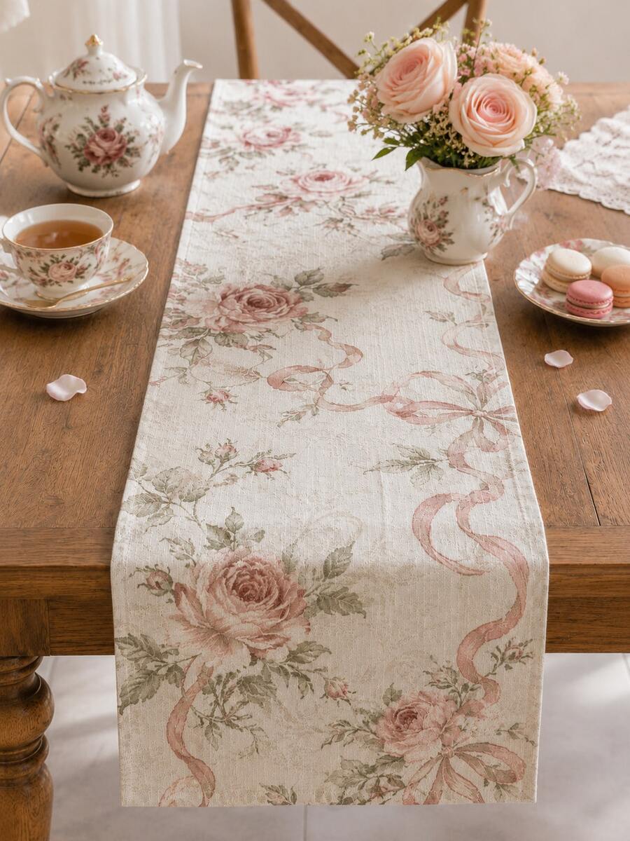 1pc Pink Rose Vintage Table Runner, French Country Floral & Bow Linen Tablecloth, Vintage Floral Dining Tablecloth, Suitable For Dining Room, Kitchen, Coffee Table, Tea Party - Multicolor - View 1
