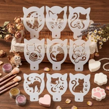 9pcs Cat Theme Face Paint Stencils - 3.54in*2.36in Kitten Silhouette, Moon & Stars, Fish Bone, Paw Print & Yarn Ball Pattern Stencils - Suitable For Face Painting, DIY Painting, Scrapbooking, Greeting Card Making, Home Decor, Craft Art Projects, Wall Art Design, Handmade Gift Making, Pet Lover Crafts, Cat Theme DIY Tools, Feline Inspired Craft Materials - Reusable Mini Plastic Stencils - Sets - View 1