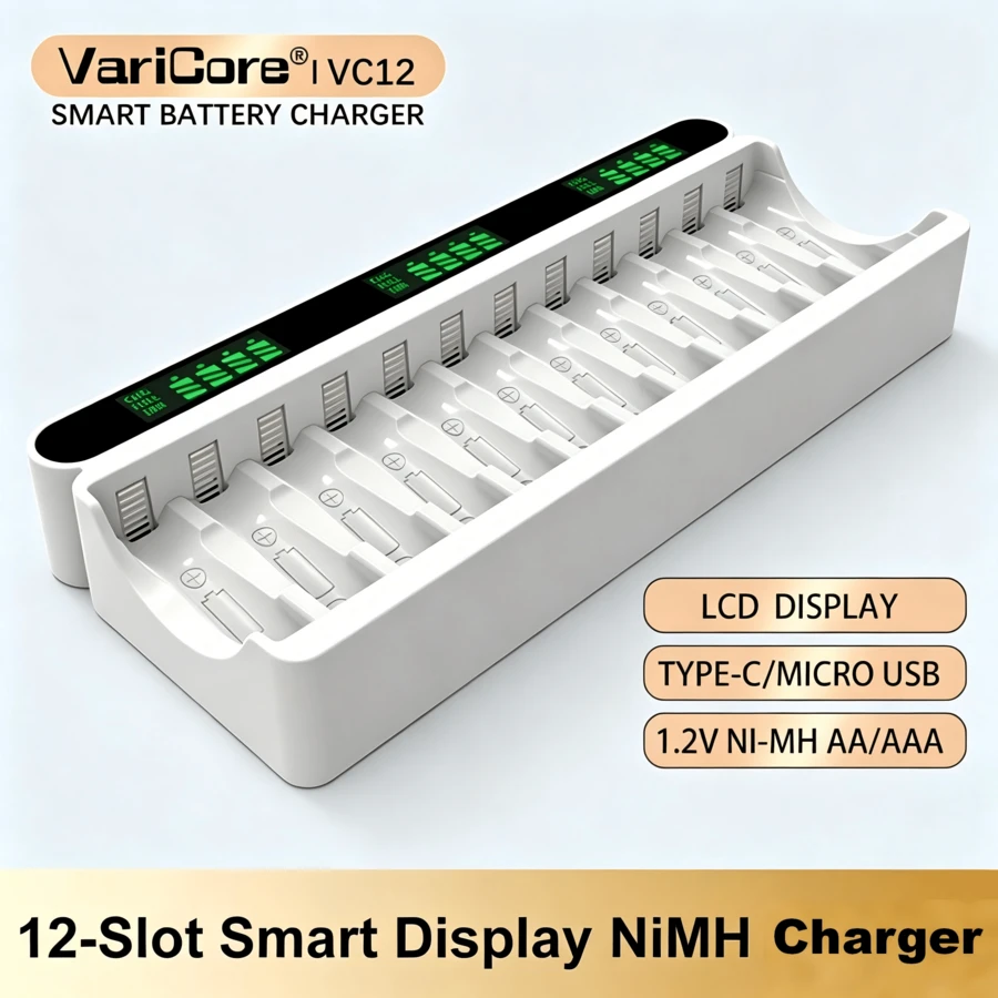 12-Slot Rechargeable Battery Charger VC12 1.2V USB Output Compatible With Ni-MH AA AAA Batteries Brand New Original - White - View 1