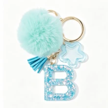 Llavero de letra A-Z con pompones rosa pastel, colgante de bolso y anillo de llaves elegante, accesorio festivo para bolso, regalo imprescindible para el Día de San Valentín/Cumpleaños/Año Nuevo - Turquesa - Ver 34
