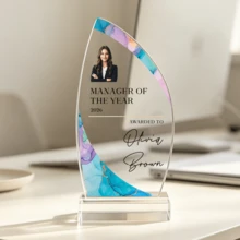 1pc Customized Photo & Text Acrylic Sail-Shaped Trophy, Personalized Engraved Marble Pattern Design Trophy, Suitable For Graduation, Sports And Retirement, Thoughtful Commemorative Gift - Multicolor - View 27