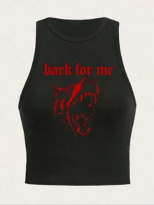 Women's Bark For Me Wolf Pattern Short Tank Top,Y2K Street Style Gothic Fashion Aesthetic Sleeveless Shirt,Streetwear Letter Print Crop Top Black Top - 黑色4 - 查看 1