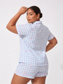 Plus Size Women's Blue & White Plaid Bow Print Short Sleeve Collared Top With Pocket And Bow Shorts Pajamas Loungewear Set - Blue and White - View 2