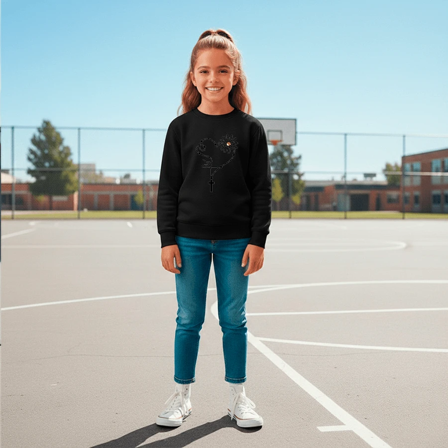 Girls' Crew Neck Sweatshirt, 100% Cotton, Rosary Sunflower Design, For Casual Wear - 黑色 - 查看 1