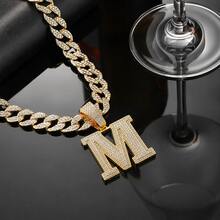 Rhinestone Large Letter M Pendant Cuban Chain, Men's Hip Hop Shiny Diamond Necklace Jewelry - M Pendant Necklace - View 7