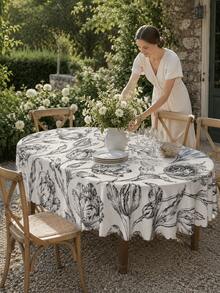 Taplak Meja Tulip, Taplak Meja Bundar Poliester Motif Bunga Hitam Putih Elegan dengan Tepi Bergelombang, Linen Botanikal Vintage untuk Dapur, Ruang Makan, Rumah Pertanian, Teras, Pernikahan, dan Dekorasi Rumah - MultiWarna - View 1