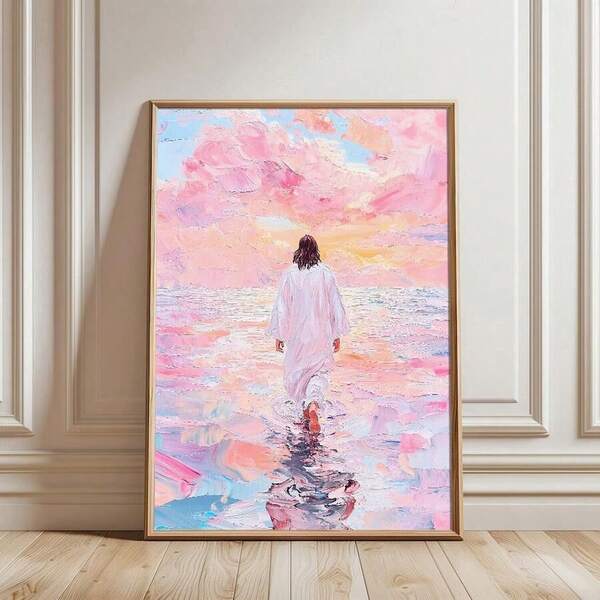 1Pc No Frame Jesus Walking On Water Themed Wall Art Poster Canvas Painting,Christian Minimalist Style, Suitable For Dorm, Apartment, Living Room, Modern Home Decor