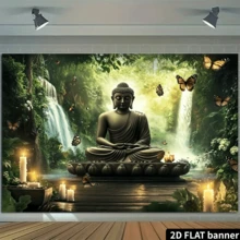 2D Flat Background Cloth, Featuring A Buddha Statue In Meditation, Surrounded By Green Plants And Flying Butterflies, With Radiant Trees And Waterfalls In The Background, Creating A Peaceful And Harmonious Atmosphere, Suitable For Indoor Decoration And Office Decor. - A - View 5